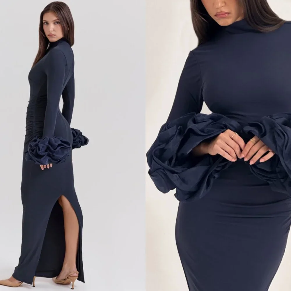 HOUSE OF CB 'Fabienne' Midnight Ruffle Sleeve Maxi Dress NWOT - Picture 6 of 9